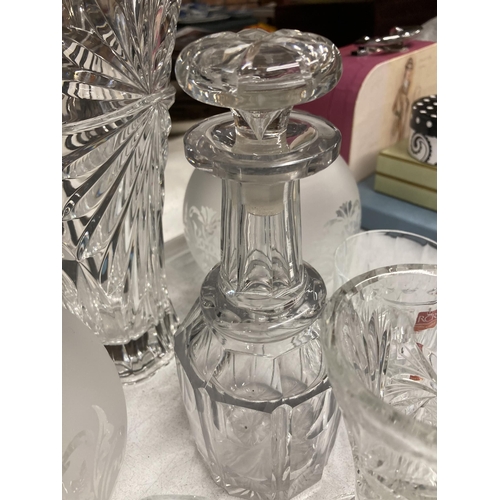 1004 - A PAIR OF VINTAGE OIL LAMP SHADES, A HEAVY CUT GLASS SHADE, DECANTER, GLASSES, ETC