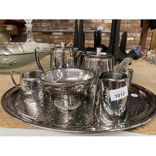 1013 - A SILVER PLATED OLD HALL TEASET TO INCLUDE A TRAY, TEAPOT, HOT WATER JUG, CREAM JUG AND SUGAR BOWLS