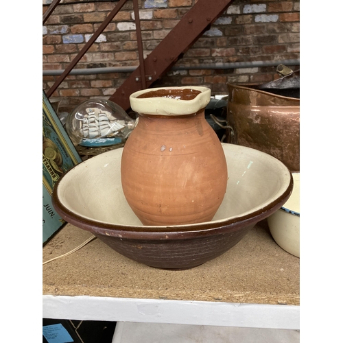 1014 - A STONEWARE JUG AND BOWL, TIN PLATE FRENCH CALENDAR, ETC