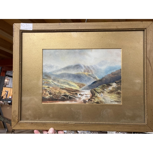 1031 - A QUANLITY FRAMED WATERCOLOUR 'SHEEP IN THE HILLS' SIGNED B JENKINS 1910