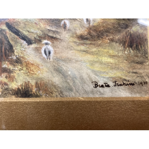 1031 - A QUANLITY FRAMED WATERCOLOUR 'SHEEP IN THE HILLS' SIGNED B JENKINS 1910