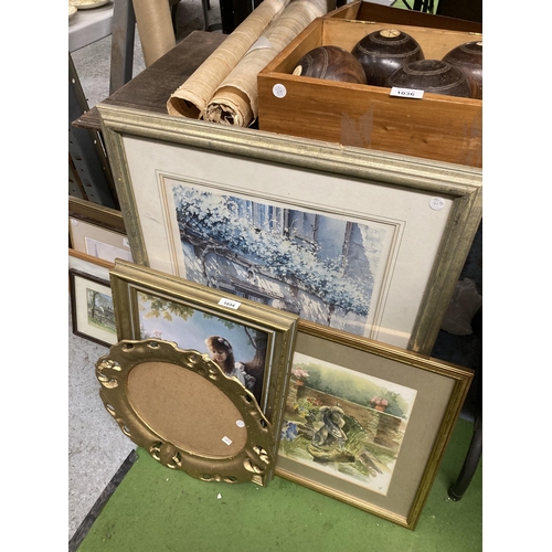 1034 - THREE FRAMED PRINTS PLUS A GILT FRAME