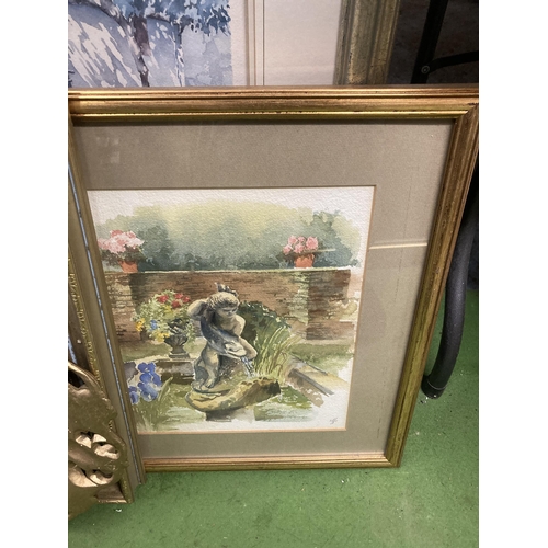 1034 - THREE FRAMED PRINTS PLUS A GILT FRAME