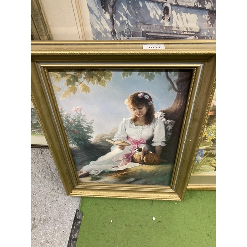 1034 - THREE FRAMED PRINTS PLUS A GILT FRAME