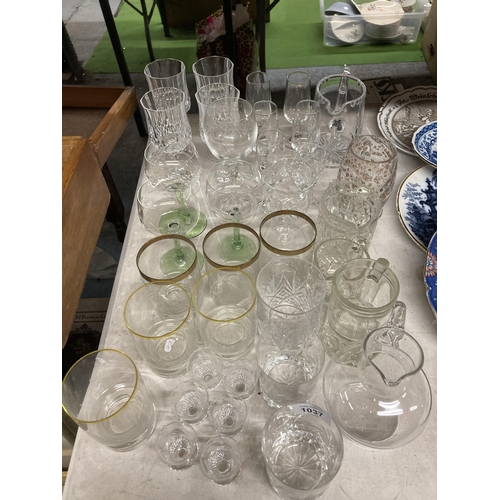 1037 - A LARGE QUANTITY OF GLASSES TO INCLUDE WINE, SHERRY, TUMBLERS, JUGS, ETC