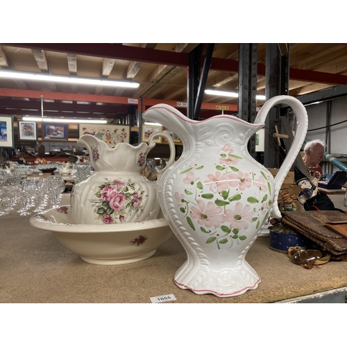 1055 - A VICTORIAN WASH BOWL AND JUG PLUS A LARGE JUG