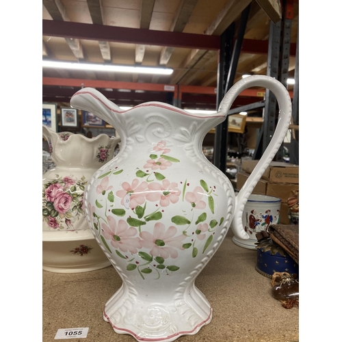 1055 - A VICTORIAN WASH BOWL AND JUG PLUS A LARGE JUG