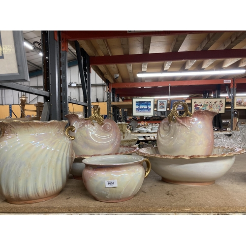 1057 - TWO LARGE CERAMIC WASHBOWLS AND SHELL SHAPED JUGS, A CHAMBER POT AND A SLOP-PAIL