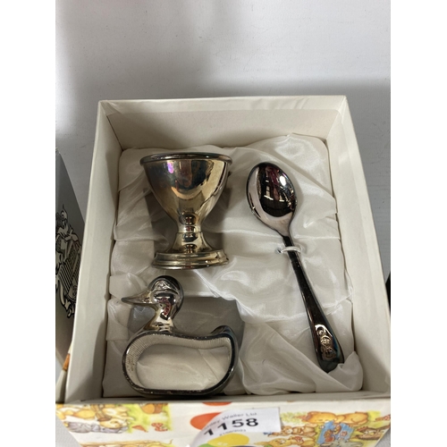 795 - A QUANTITY OF SILVER PLATED BABY ITEMS TO INCLUDE A TANKARD, BOOTIE MONEY BOX, SMALL PLATE AND EGG C... 