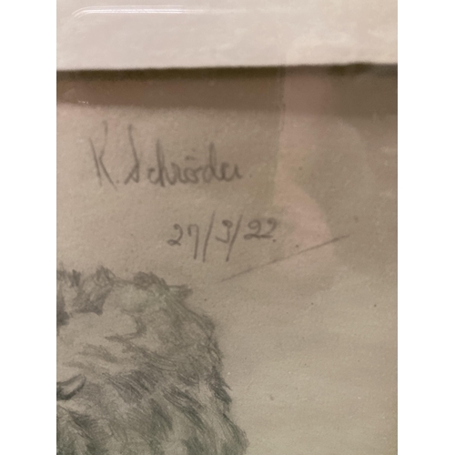 993 - A PENCIL SKETCH OF SHEEP SIGNED K SCHRODER 27/3/22 PLUS A PRINT OF VENICE