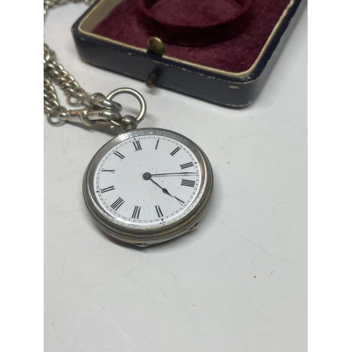 526A - A SILVER POCKET WATCH WITH ALBERT CHAIN AND KEY IN A PRESENTATION BOX