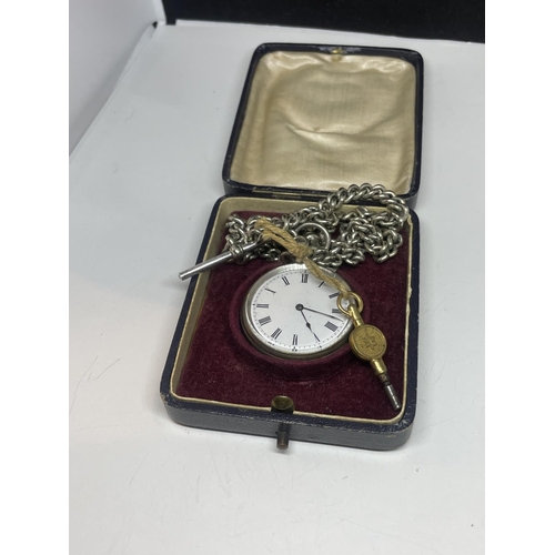 526A - A SILVER POCKET WATCH WITH ALBERT CHAIN AND KEY IN A PRESENTATION BOX