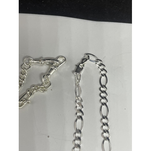 695 - TWO SILVER FIGARO NECK CHAINS ONE WITH T BAR