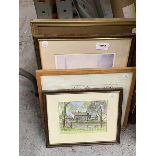 1060 - A GROUP OF FOUR PICTURES TO INCLUDE A WATERCOLOUR OF A HOUSE, FRAMED PRINTS, ETC