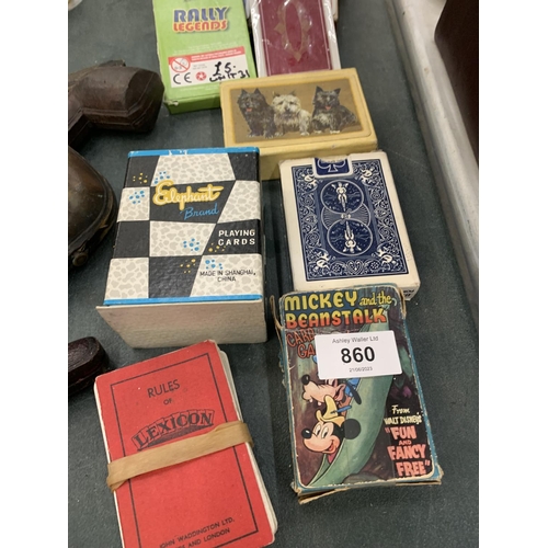 860 - A COLLECTION OF VINTAGE PLAYING CARDS, ETC