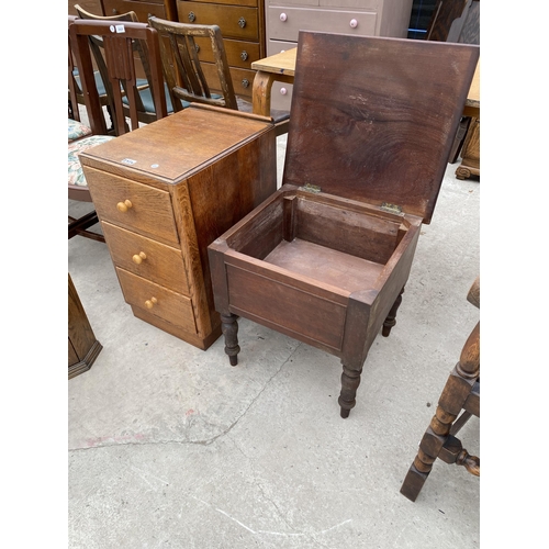 2924 - A VICTORIAN MAHOGANY BOX COMMODE ON TURNED LEGS, SMALL OAK CHEST OF THREE DRAWERS 14