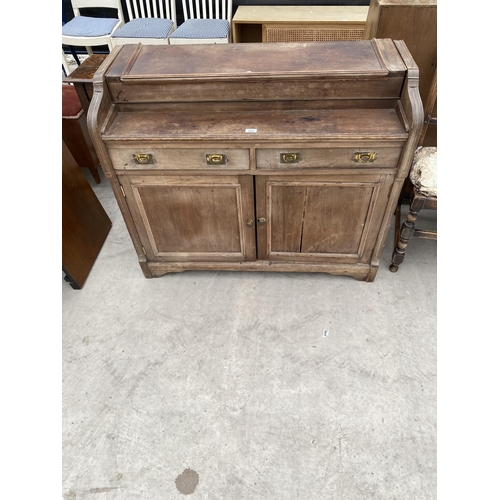 2927 - A VICTORIAN BEECH SIDE CUPBOARD WITH TWO DRAWERS AND TWO CUPBOARDS, 43.5