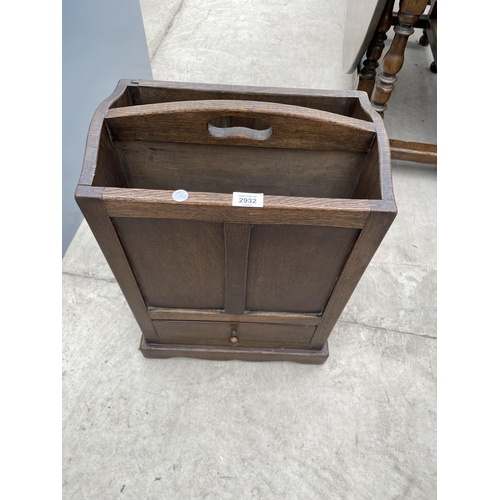 2932 - A MID 20TH CENTURY KEEP OAK TWO DIVISION MAGAZINE RACK WITH SINGLE DRAWER