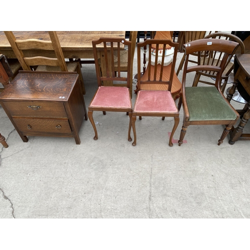 2934 - A VICTORIAN MAHOGANY DINING CHAIR, PAIR OF EDWARDIAN BEDROOM CHAIRS AND OAK BEDSIDE LOCKER WITH DRAW... 