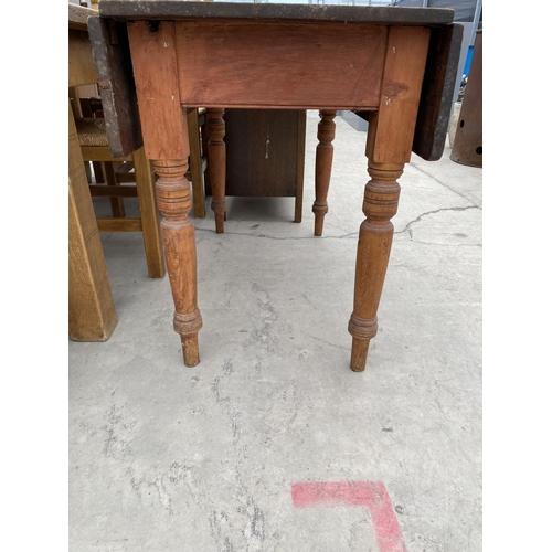 2935 - A SCRUB TOP DROP-LEAF KITCHEN TABLE, 41.5X38.5 OPENED, ON TURNED LEGS WITH SINGLE DRAWER