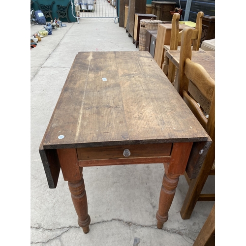 2935 - A SCRUB TOP DROP-LEAF KITCHEN TABLE, 41.5X38.5 OPENED, ON TURNED LEGS WITH SINGLE DRAWER