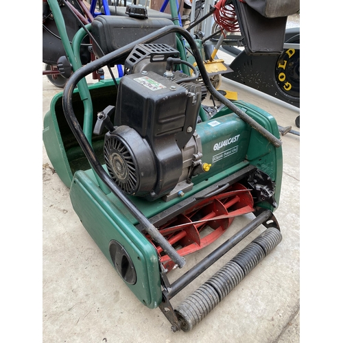 A QUALCAST CLASSIC PETROL 43S LAWN MOWER COMPLETE WITH GRASS BOX