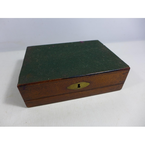 312 - A MAHOGANY BOX FITTED OUT TO TAKE A PISTOL, SIZE OF BOX WIDTH 19.5CM, DEPTH 14CM AND HEIGHT 6CM