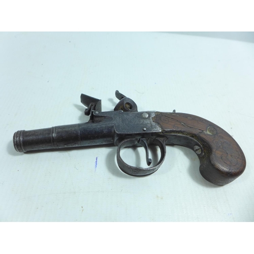 335 - AN EARLY 19TH CENTURY FLINTLOCK TURN OFF BARREL PISTOL BY RICHARDSON, 6CM BARREL SLAB BUTT WITH WHIT... 