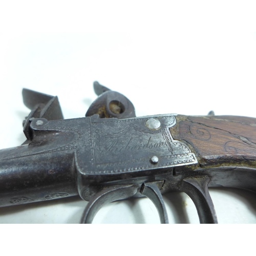 335 - AN EARLY 19TH CENTURY FLINTLOCK TURN OFF BARREL PISTOL BY RICHARDSON, 6CM BARREL SLAB BUTT WITH WHIT... 