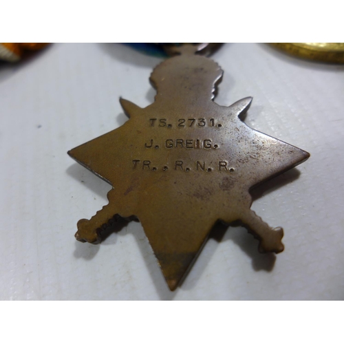 339 - A WORLD WAR I 1914-15 STAR AWARDED TO TS.2731 J.GREIG TR ROYAL NAVY RESERVE, THREE WAR FOR CIVILISAT... 