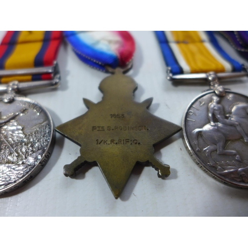 341 - A BOER WAR AND WORLD WAR I CASUALTY MEDAL GROUP AWARDED TO 1653 PRIVATE SIMEON ROBINSON OF THE KINGS... 