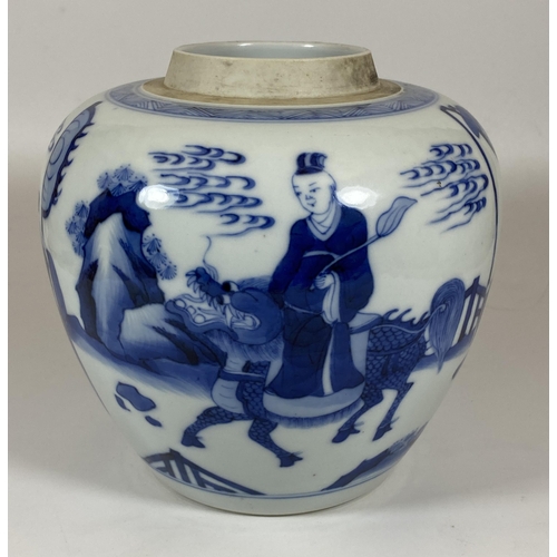 303 - A LATE 19TH / EARLY 20TH CENTURY QING CHINESE BLUE AND WHITE OVOID FORM VASE WITH FIGURES AND DRAGON... 