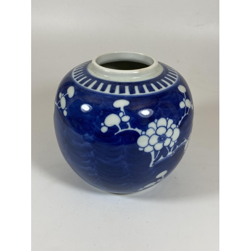 312 - A CHINESE BLUE AND WHITE PRUNUS BLOSSOM GINGER JAR, DOUBLE RING MARK TO BASE, HEIGHT 13CM