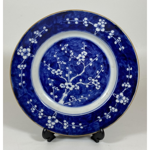 313 - A CHINESE BLUE AND WHITE PRUNUS BLOSSOM PLATE, DIAMETER 20CM