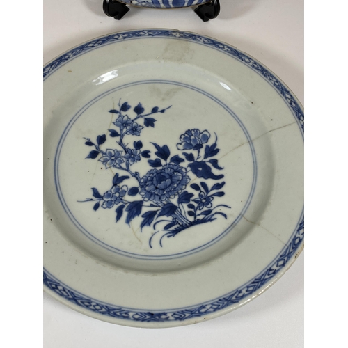 322 - A PAIR OF 18TH CENTURY CHINESE BLUE AND WHITE FLORAL PLATES, DIAMETER 23CM