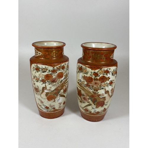 349 - A PAIR OF JAPANESE MEIJI PERIOD (1868-1912) KUTANI CRANE VASES WITH MOTHER AND CHILDREN DESIGN, HEIG... 