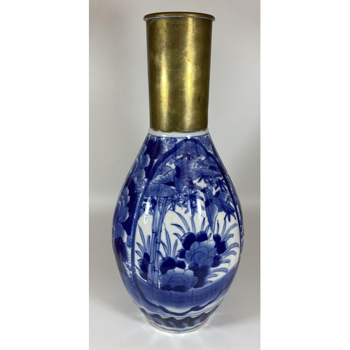 351 - A LARGE JAPANESE MEIJI PERIOD (1868-1912) BLUE AND WHITE FLORAL DESIGN VASE WITH CONVERTED TRENCH AR... 