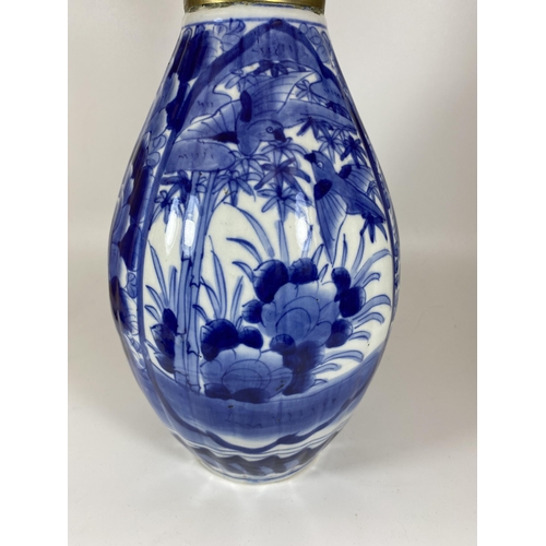 351 - A LARGE JAPANESE MEIJI PERIOD (1868-1912) BLUE AND WHITE FLORAL DESIGN VASE WITH CONVERTED TRENCH AR... 