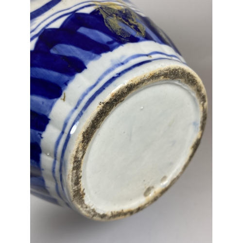 351 - A LARGE JAPANESE MEIJI PERIOD (1868-1912) BLUE AND WHITE FLORAL DESIGN VASE WITH CONVERTED TRENCH AR... 