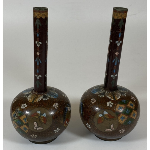 360 - A PAIR OF JAPANESE MEIJI PERIOD (1868-1912) BUTTERFLY AND FLORAL DESIGN CLOISONNE BOTTLE VASES, HEIG... 