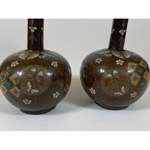 360 - A PAIR OF JAPANESE MEIJI PERIOD (1868-1912) BUTTERFLY AND FLORAL DESIGN CLOISONNE BOTTLE VASES, HEIG... 