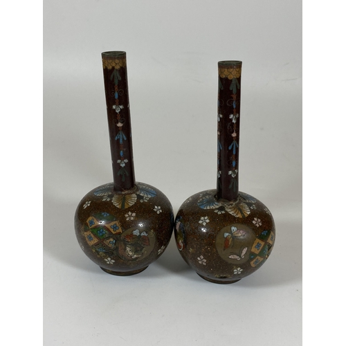 360 - A PAIR OF JAPANESE MEIJI PERIOD (1868-1912) BUTTERFLY AND FLORAL DESIGN CLOISONNE BOTTLE VASES, HEIG... 