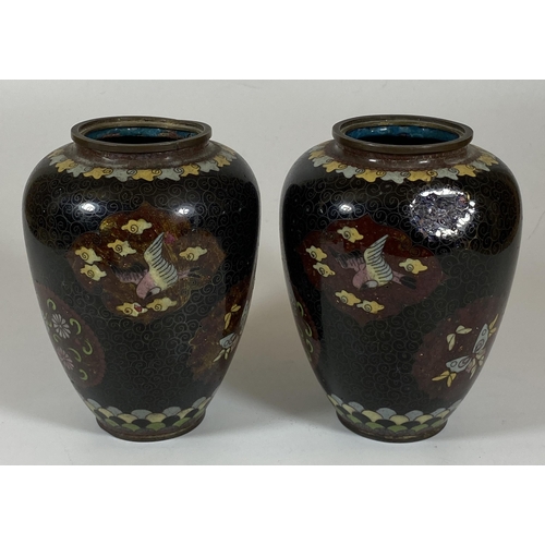 361 - A PAIR OF JAPANESE MEIJI PERIOD (1868-1912) BIRD AND FLORAL DESIGN CLOISONNE OVOID FORM VASES, HEIGH... 