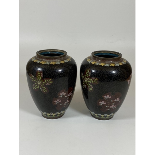 361 - A PAIR OF JAPANESE MEIJI PERIOD (1868-1912) BIRD AND FLORAL DESIGN CLOISONNE OVOID FORM VASES, HEIGH... 