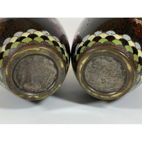 361 - A PAIR OF JAPANESE MEIJI PERIOD (1868-1912) BIRD AND FLORAL DESIGN CLOISONNE OVOID FORM VASES, HEIGH... 