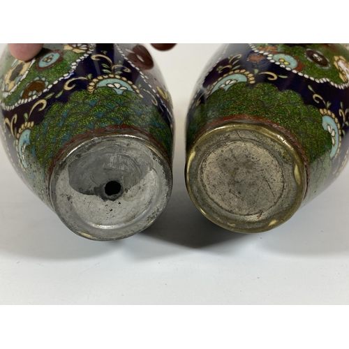 363 - A PAIR OF JAPANESE MEIJI PERIOD (1868-1912) BUTTERFLY DESIGN CLOISONNE VASES, HEIGHT 19CM