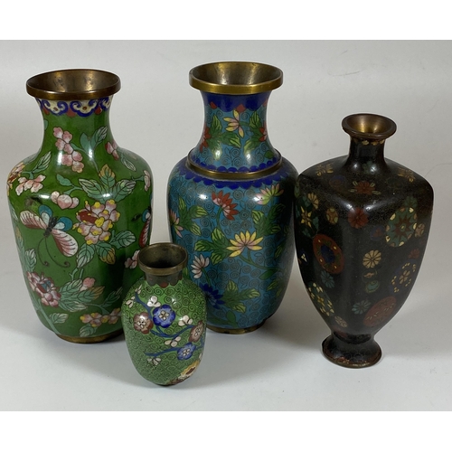 365 - A GROUP OF FOUR ORIENTAL CLOISONNE VASES, TALLEST 17CM