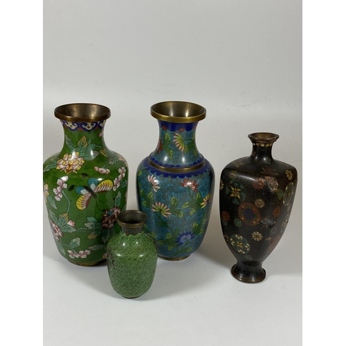 365 - A GROUP OF FOUR ORIENTAL CLOISONNE VASES, TALLEST 17CM