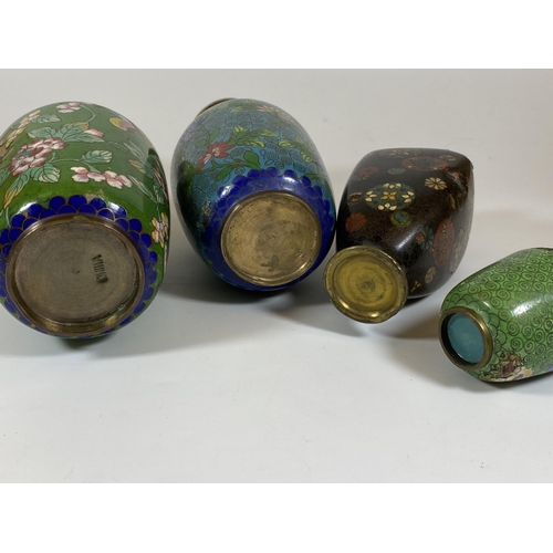 365 - A GROUP OF FOUR ORIENTAL CLOISONNE VASES, TALLEST 17CM