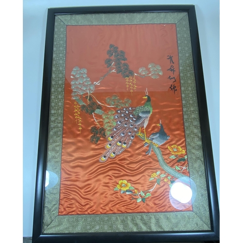 367 - A FRAMED ORIENTAL SILK EMBROIDERY OF PEACOCKS, 62 X 42CM